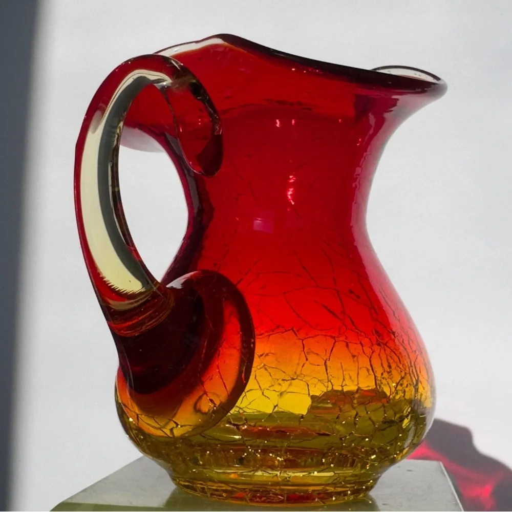 Vintage Amberina‎ Crackle Glass Pitcher Red Yellow Ombre Hand Blown Mini Pitcher